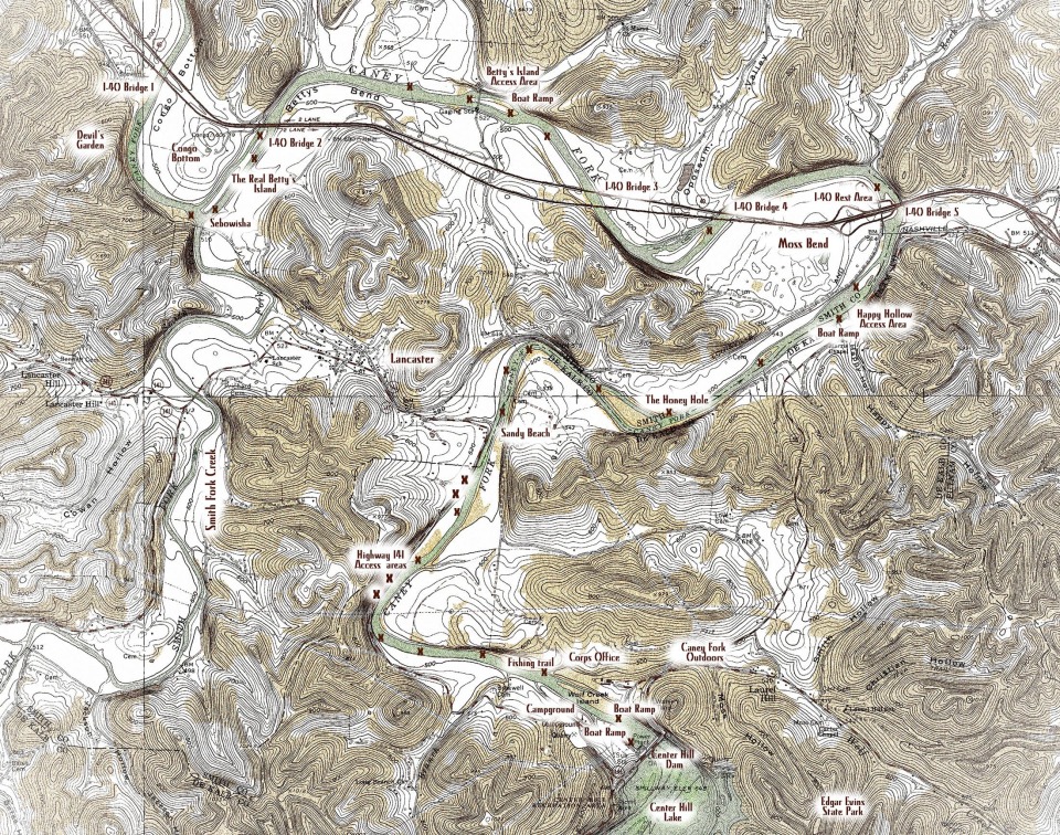 caney fork river map kayak canoe float dam happy hollow fishing