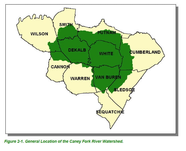 Caney Fork River Map Watershed Counties