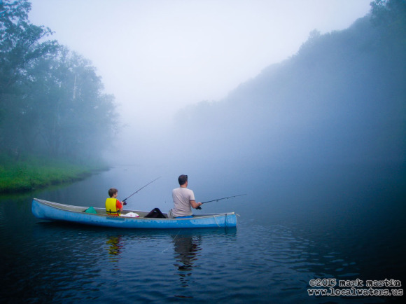 Father and Son Fishing from a Canoe on Caney Fork River near South Carthage Boat Ramp