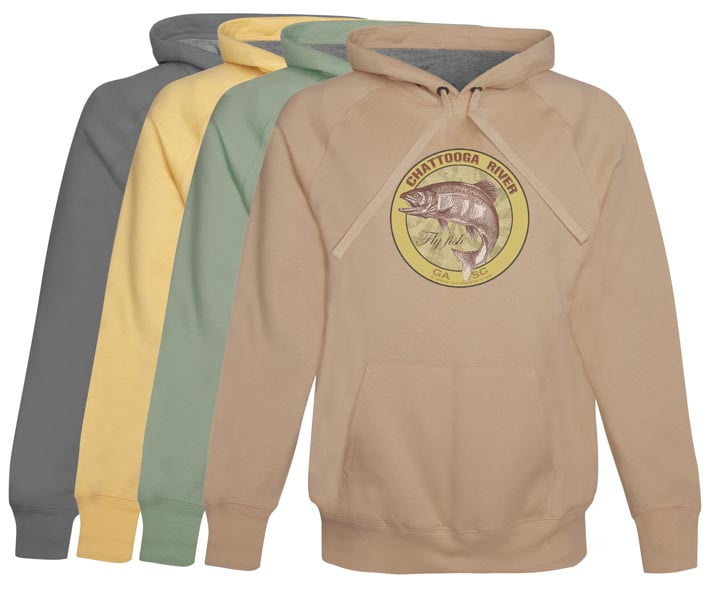 Chattooga River Fly Fishing Hoodie Fleece Pull Over Vintage Khaki Clothes anglers Gifts Trout Fish Rainbow