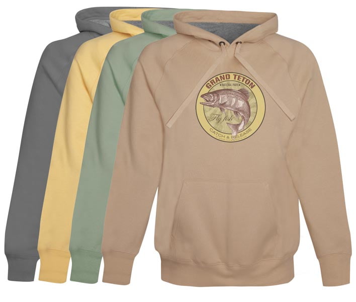 Grand Teton National Park Fly Fishing Hoodie Fleece Catch and Release Vintage Khaki clothing gifts