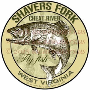 Shavers Fork Cheat River Sticker Fly Fishing West Virginia Trout Fish Jumping Emblem Logo Design