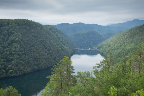 Calderwood Lake dam on the Little Tennessee River, view from Highway 129 Tennessee