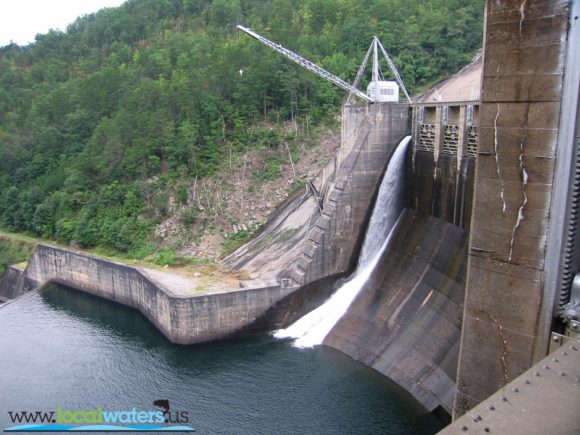 Calderwood Lake dam and pool below, view from Calderwood dam flood gate lip. The dam is buoyed off now and boats can not get near the dam. 2010