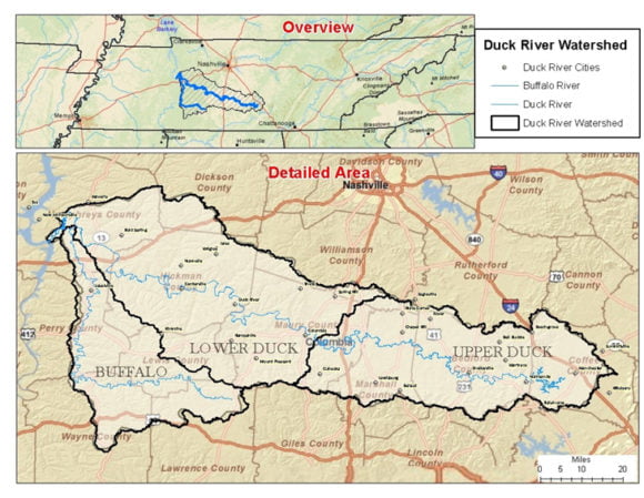 Duck River Map - Watershed Upper Duck River, Lower Duck River, Bufflo River. courtesy - US Army Corps of Engineers